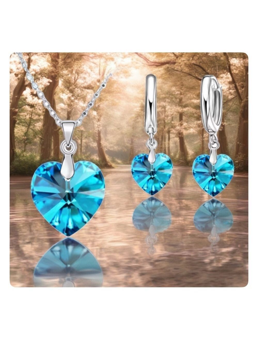 NIB 925 Sterling Silver Zircon Skye Blue Heart Pendant and Earring Set